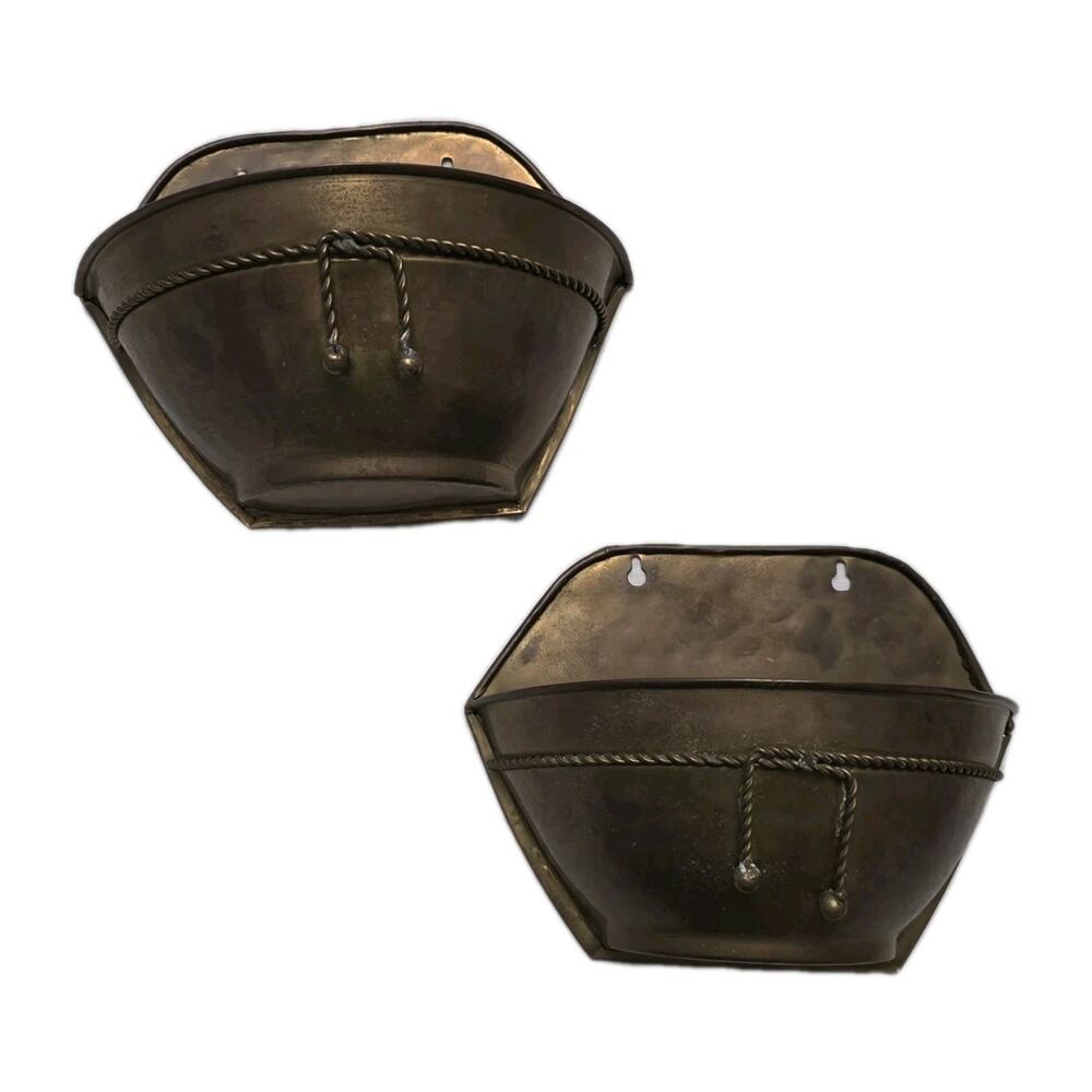 Vintage Brass Wall Hanging Planter with Rope Detail Set of 2